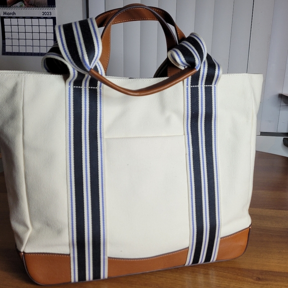 NWT Lauren Ralph Lauren LORA Large Striped Double Handled Cream Canvas Tote Bag - Picture 3 of 10